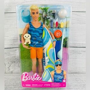 Barbie Ken Doll W/ Pet Puppy Surfboard & Accessories NEW